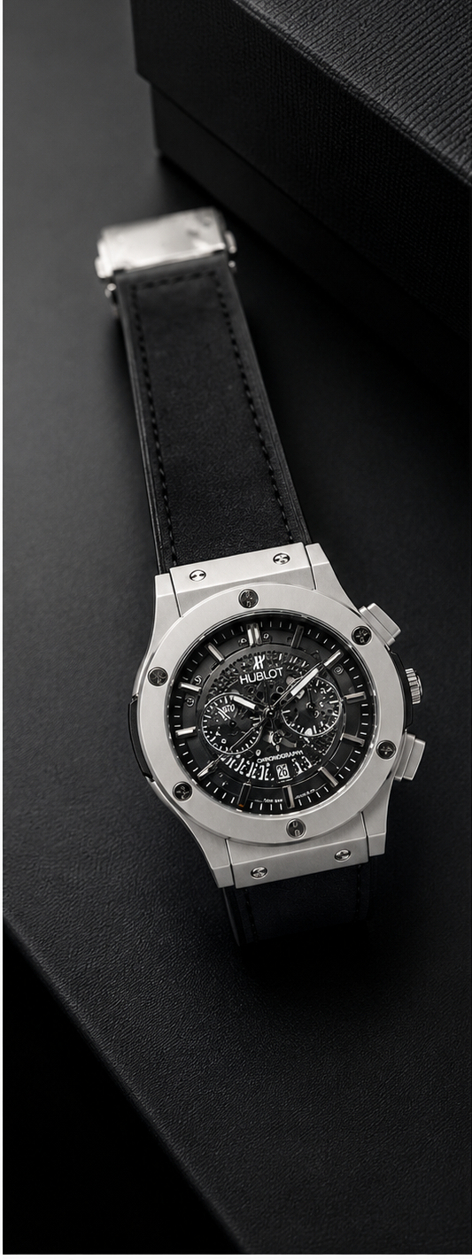 Hublot Inspired Chronograph Watch for Men – Premium Luxury Leather Straps | Onyx Black color