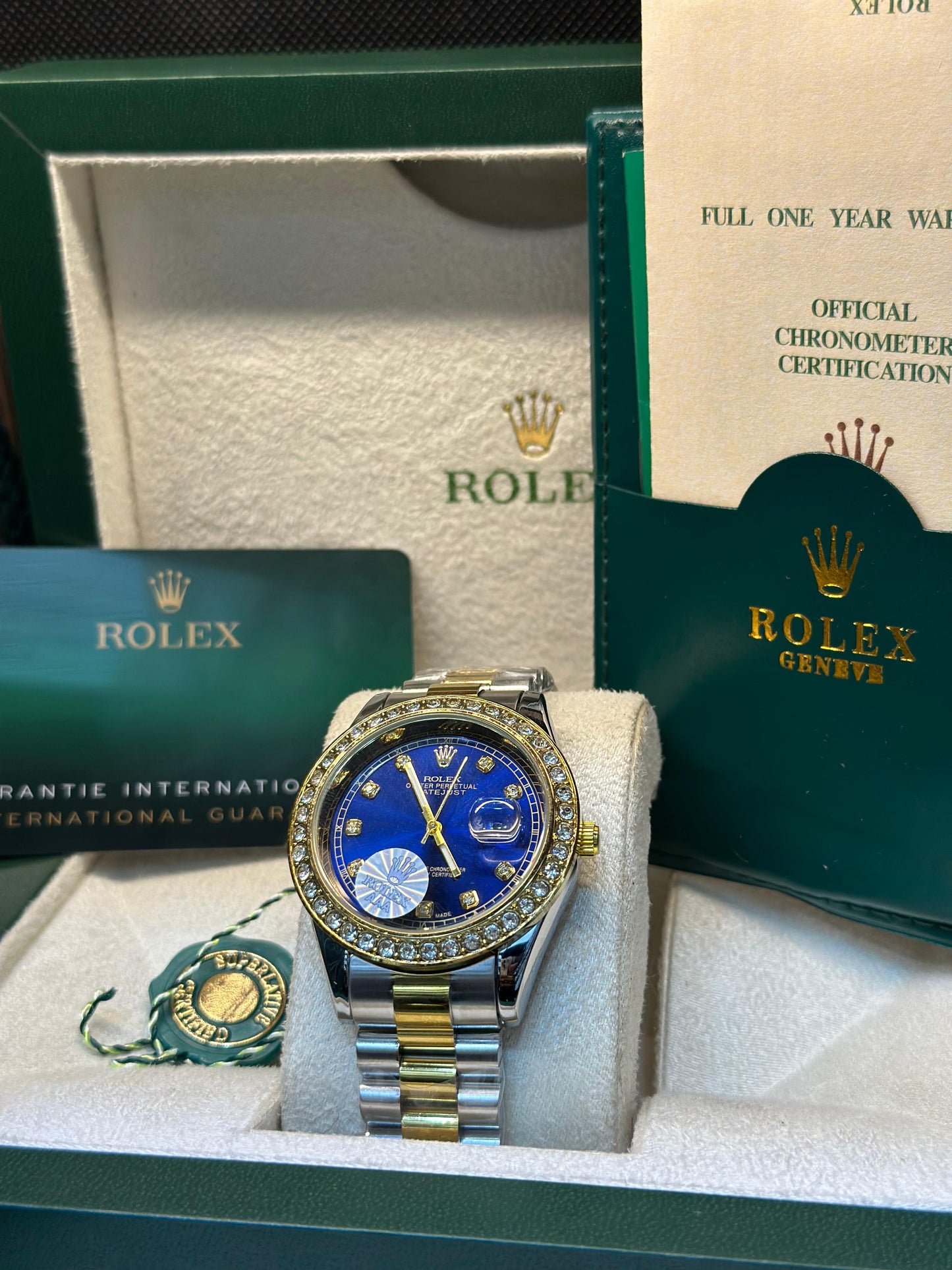 Rolex oyster perpetual | Master Quality | Date Working | Two Tone Blue | Iced Stone | Crown lock
