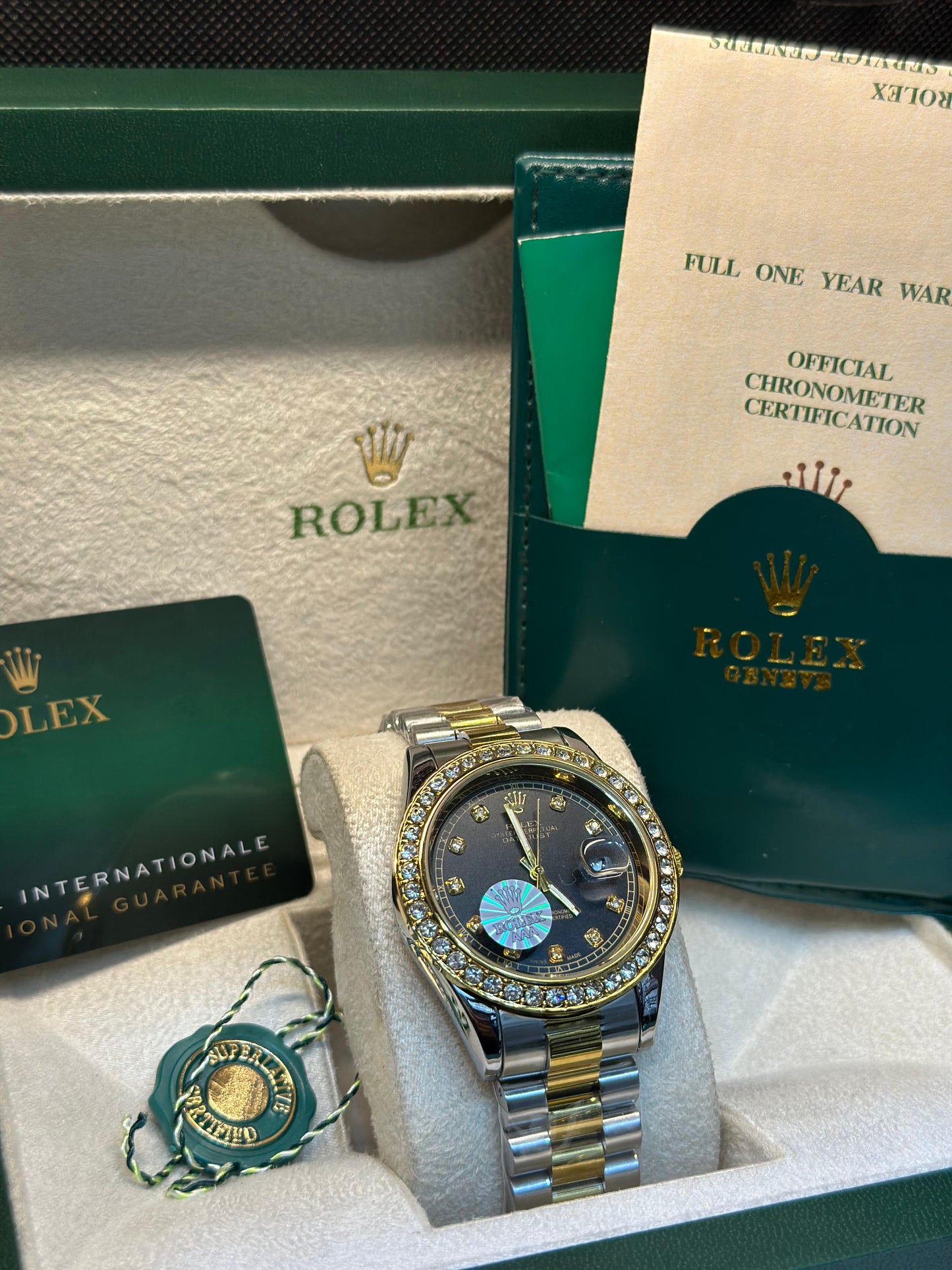 Rolex oyster perpetual | Master Quality | Date Working | Two Tone Black | Iced Stone |semi auto | Crown lock