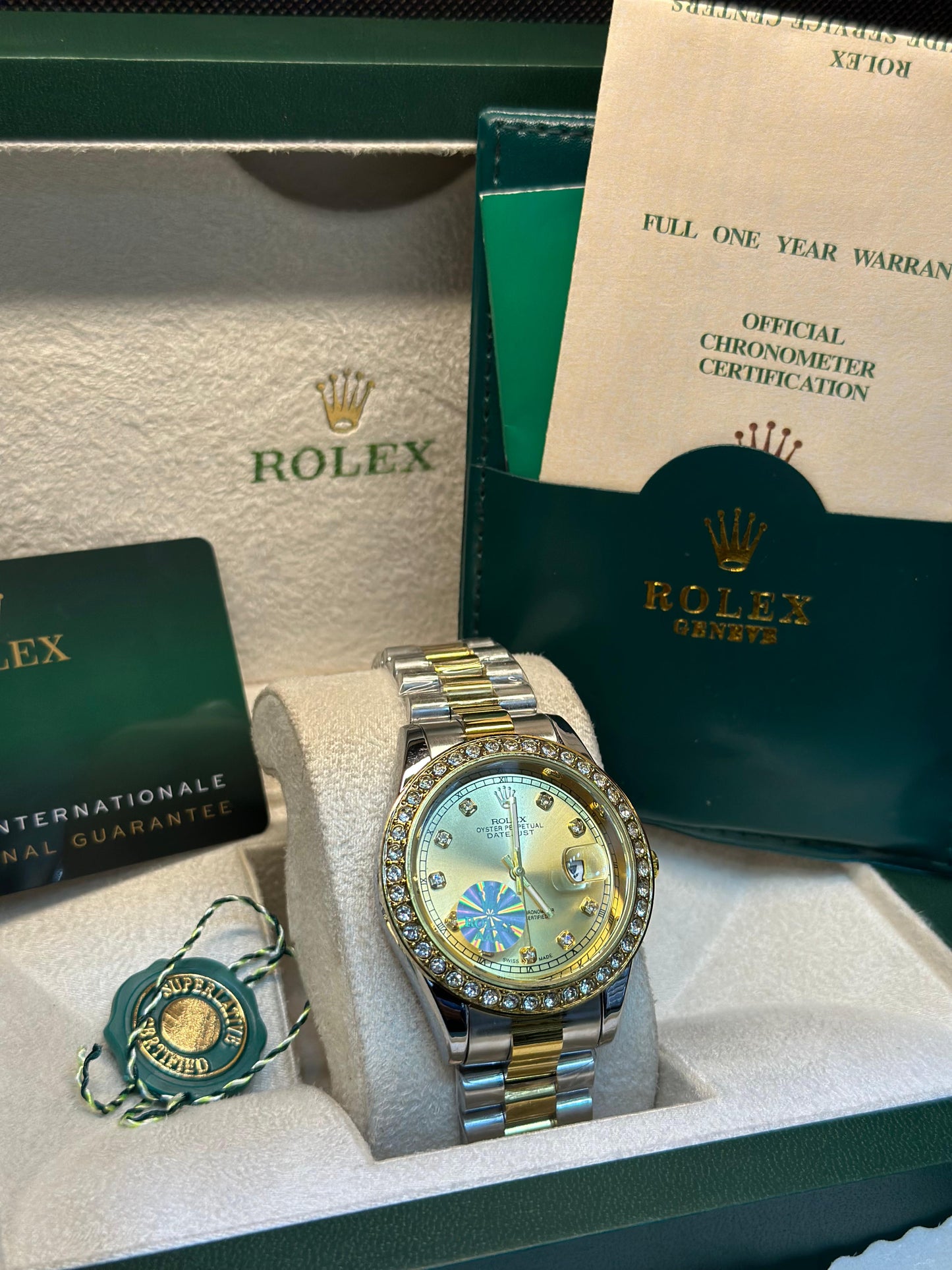 Rolex oyster perpetual | Master Quality | Date Working | Two Tone Gold | Iced Stone | Crown lock
