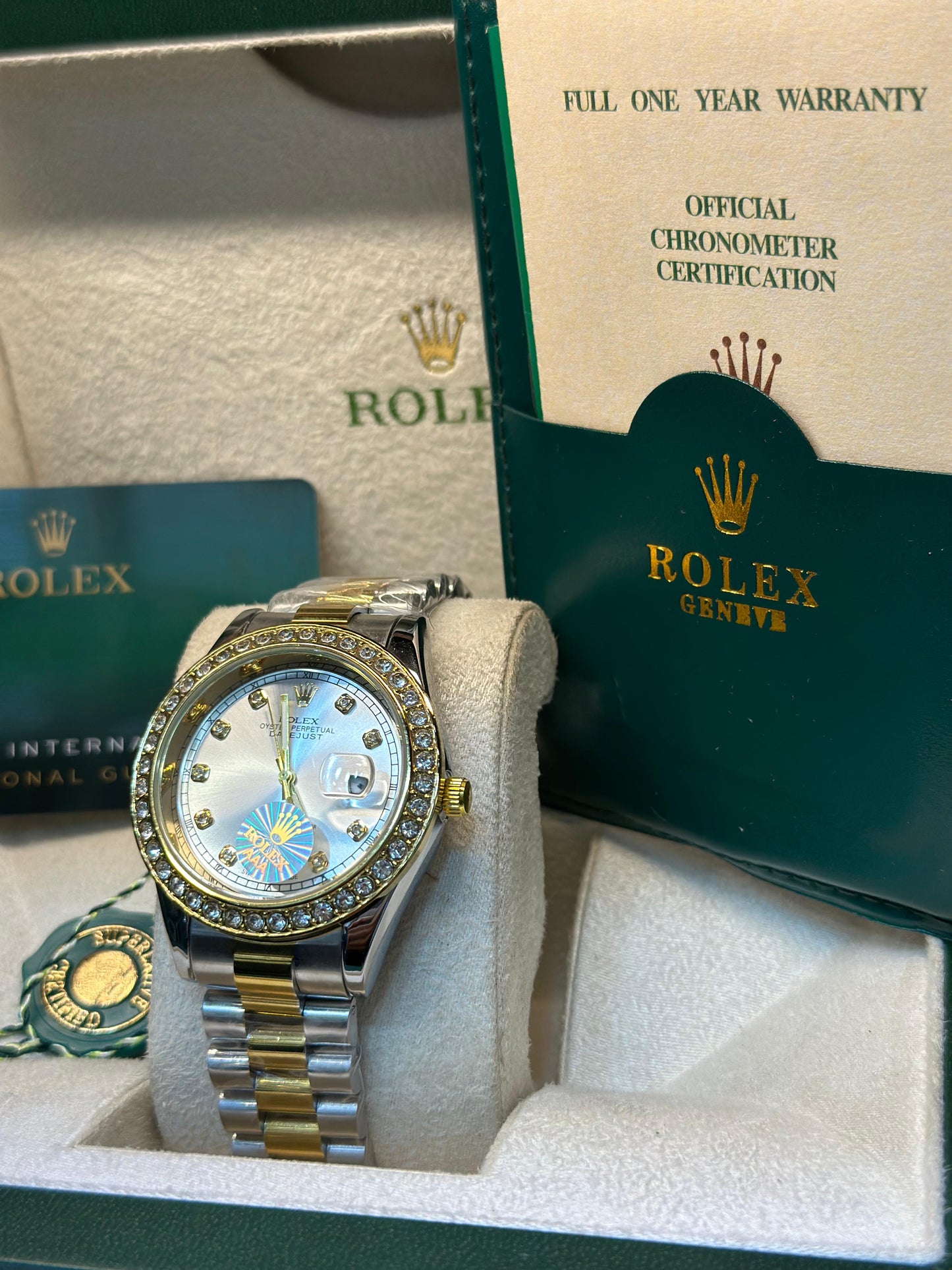 Rolex oyster perpetual | Master Quality | Date Working | Two Tone White | Iced Stone | Crown lock