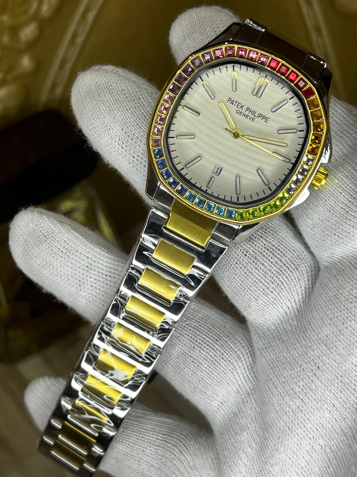 Patek-Style Rainbow Bezel Watch – White Dial | Two-Tone Steel & Gold Bracelet