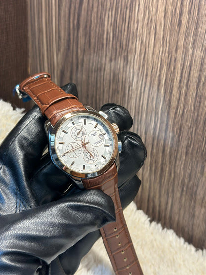 Tissot Master Lock Chronograph – White Two-Tone Dial | Brown Leather Strap | Swiss Men’s Luxury Watch