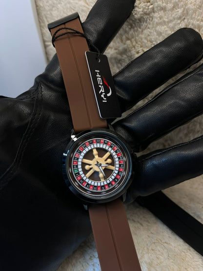 Casino Edition Rotatable Dial Watch – Brown Rubber Strap | Black Case