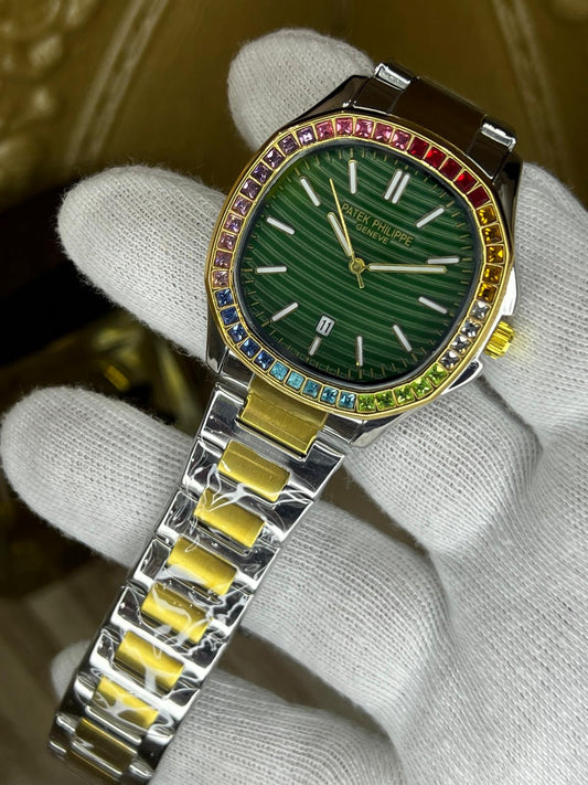 Patek-Style Rainbow Bezel Watch – Green Dial | Two-Tone Steel & Gold Bracelet