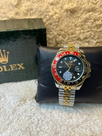 Luxury GMT Master-Style Watch – Black & Red Rotatable Bezel | Two-Tone Stainless Steel Jubilee Chain