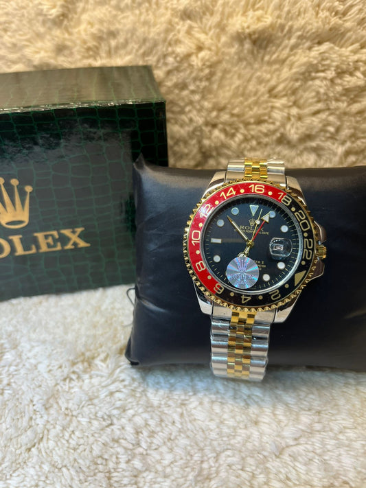 Luxury GMT Master-Style Watch – Black & Red Rotatable Bezel | Two-Tone Stainless Steel Jubilee Chain