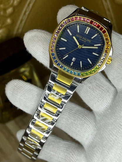 Patek-Style Rainbow Bezel Watch – Blue Dial | Two-Tone Steel & Gold Bracelet