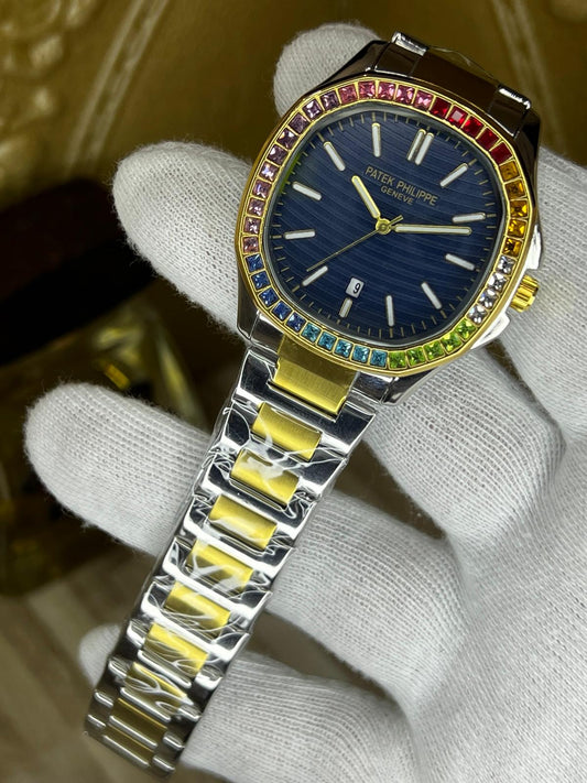 Patek-Style Rainbow Bezel Watch – Blue Dial | Two-Tone Steel & Gold Bracelet