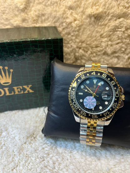 Luxury GMT Master-Style Watch – Black Dial | Rotatable Bezel | Two-Tone Stainless Steel Jubilee Chain