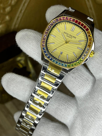 Patek-Style Rainbow Bezel Watch – Golden Dial | Two-Tone Steel & Gold Bracelet