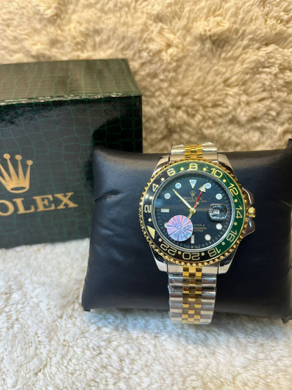 Luxury GMT Master-Style Watch – Black Dial | Green Rotatable Bezel | Two-Tone Stainless Steel Jubilee Chain
