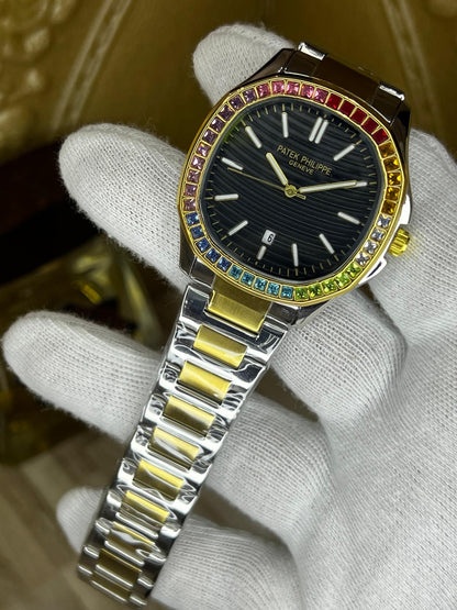 Patek-Style Rainbow Bezel Watch – Black Dial | Two-Tone Steel & Gold Bracelet
