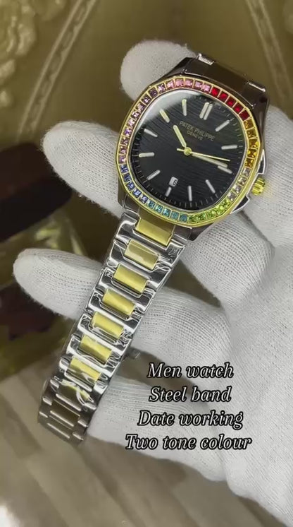 Patek-Style Rainbow Bezel Watch – Blue Dial | Two-Tone Steel & Gold Bracelet