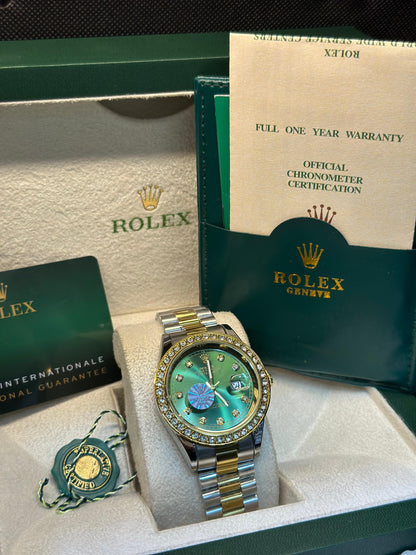 Rolex oyster perpetual | Master Quality | Date Working | Two Tone Green | Iced Stone  | Crown lock