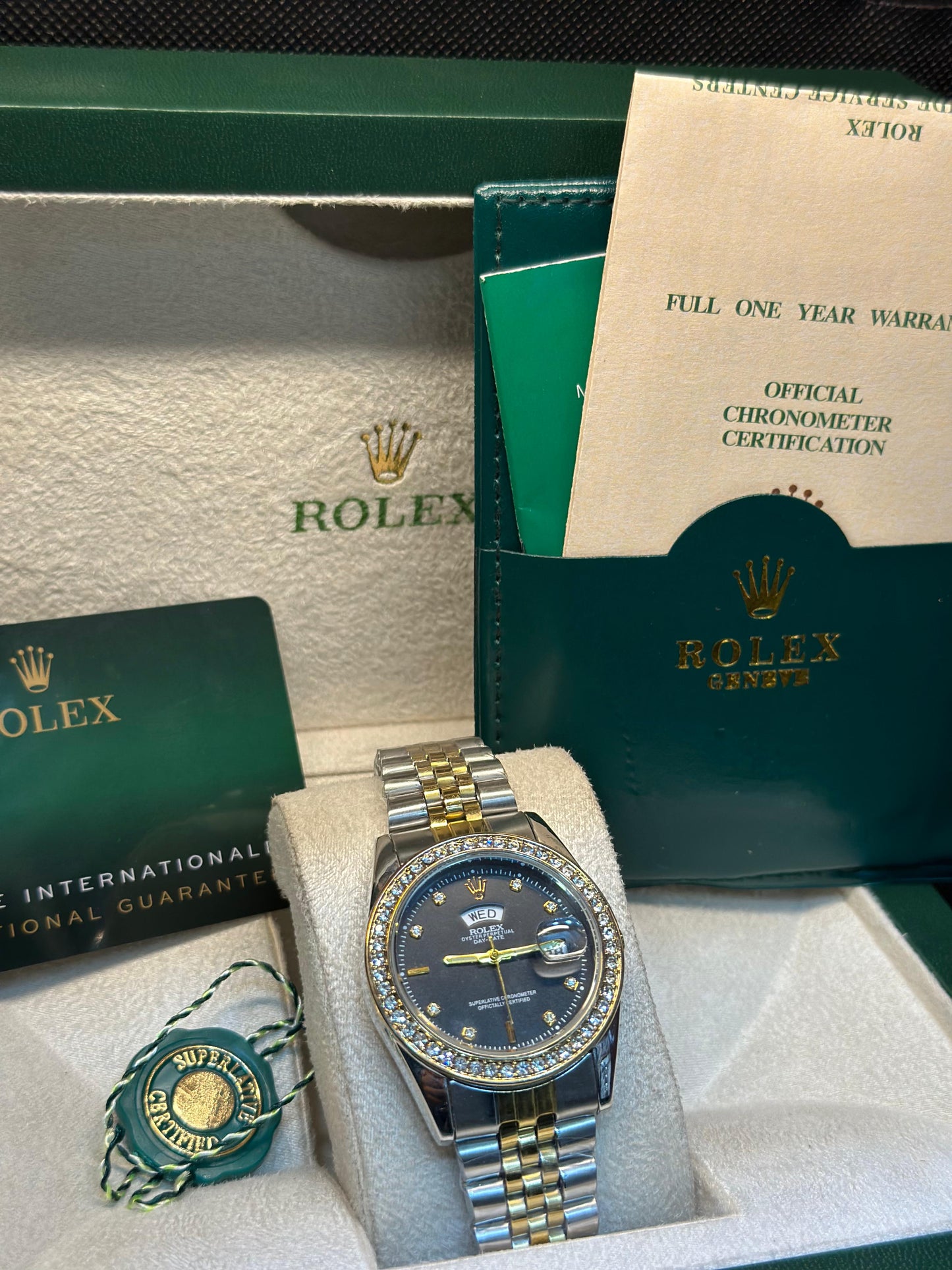 Rolex oyster perpetual | Master Quality | Day Date | Two Tone  Black | Iced Stone  | Crown lock