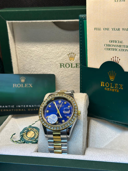 Rolex oyster perpetual | Master Quality | Date Working | Two Tone Blue | Iced Stone  | Crown lock
