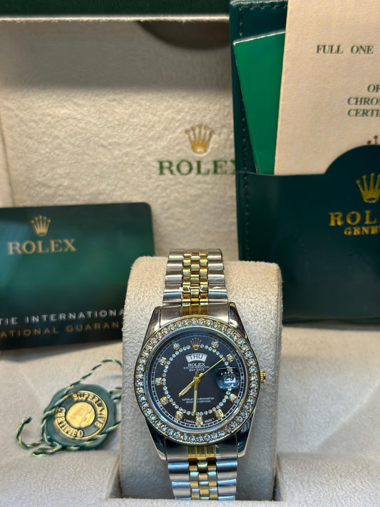 Rolex oyster perpetual | Master Quality | Day Date | Two Tone  Black | Iced Stone  | Crown lock