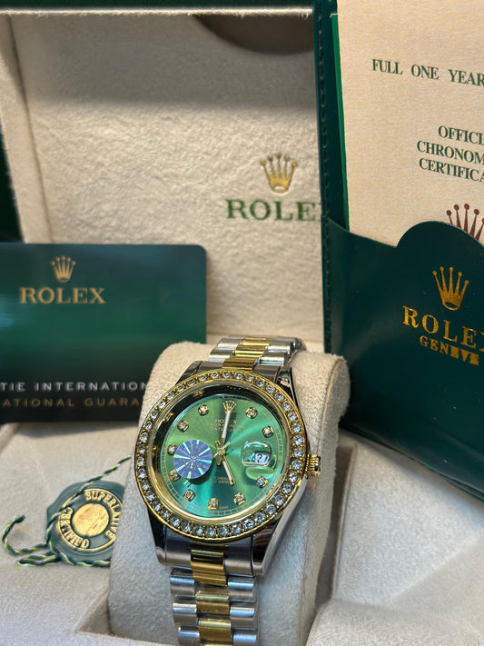 Rolex oyster perpetual | Master Quality | Date Working | Two Tone Green | Iced Stone  | Crown lock