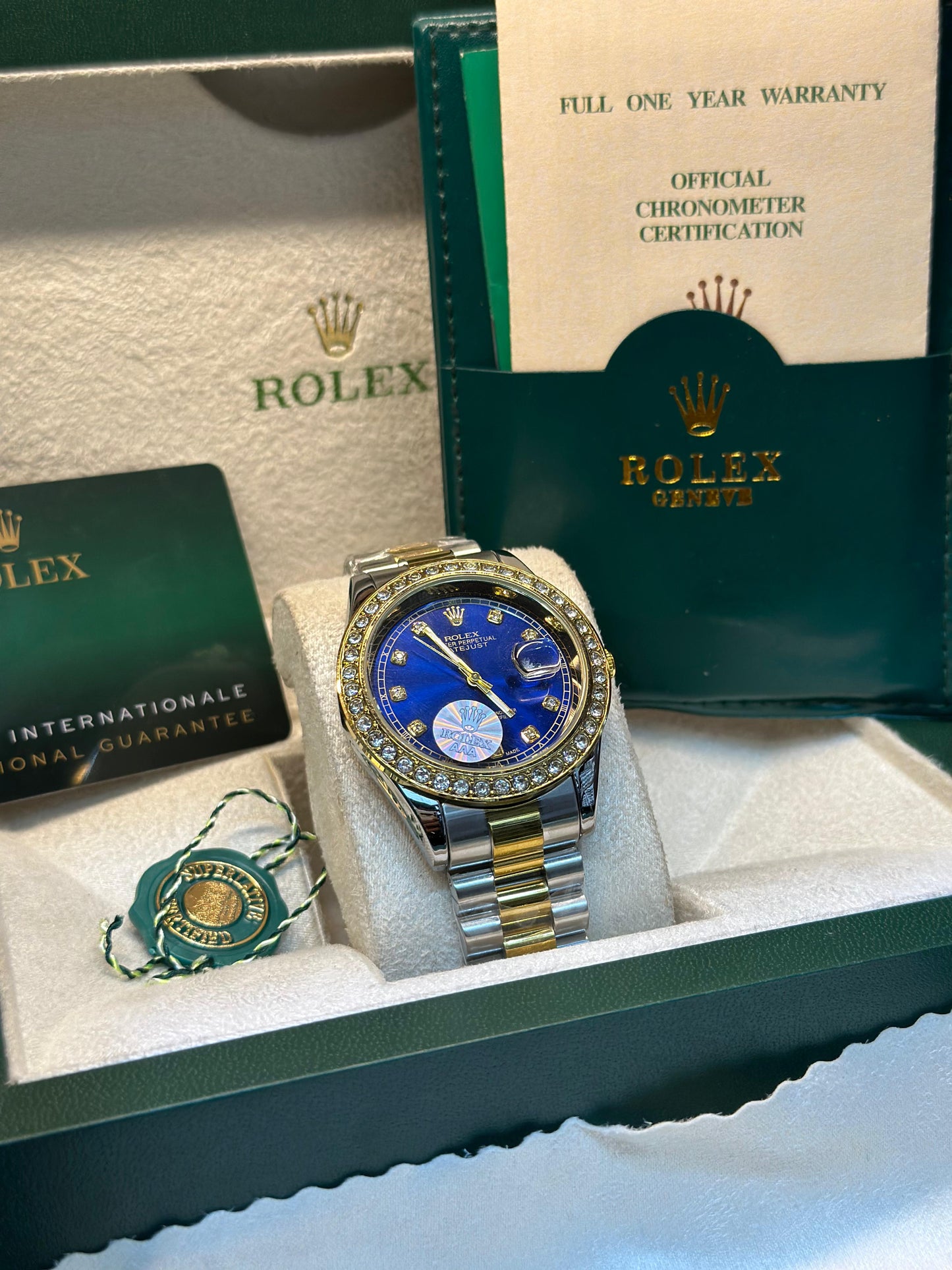 Rolex oyster perpetual | Master Quality | Date Working | Two Tone Blue | Iced Stone  | Crown lock