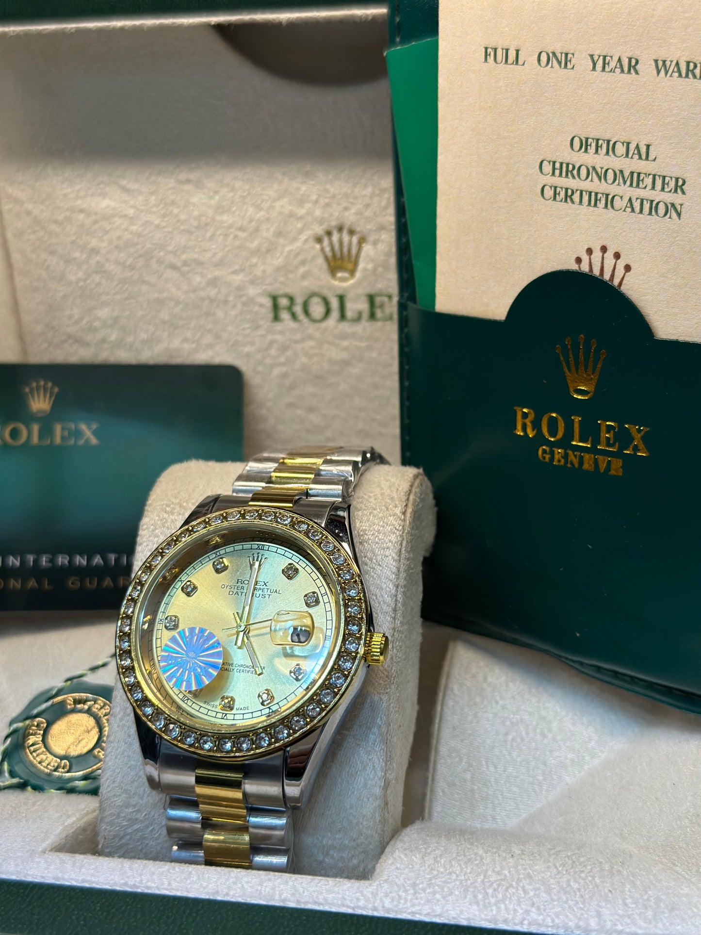 Rolex oyster perpetual | Master Quality | Date Working | Two Tone  Gold | Iced Stone  | Crown lock