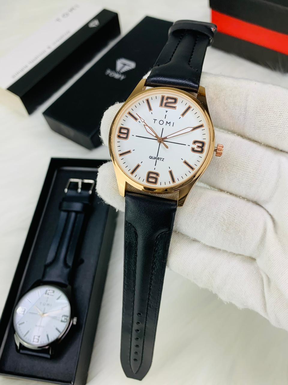 Tomi Leather Straps | Black Strap White Dial