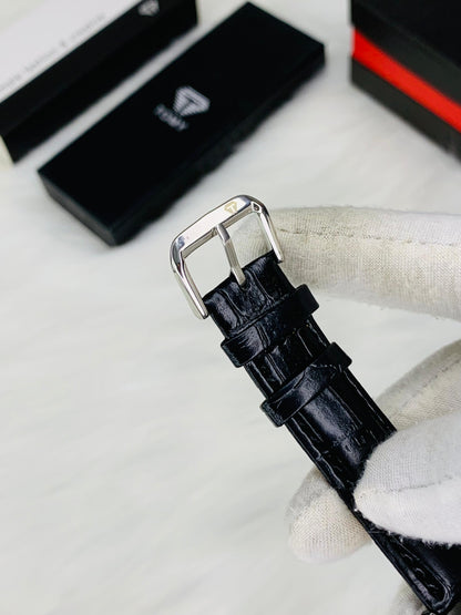 Tomi Leather Straps | Black Strap White Dial